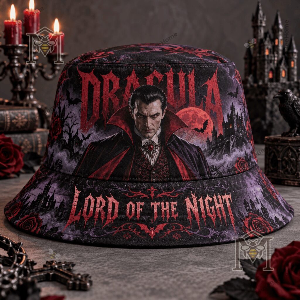 Dracula Lord of the Night Gothic Horror Bucket Hat - side view with bats and castle graphics