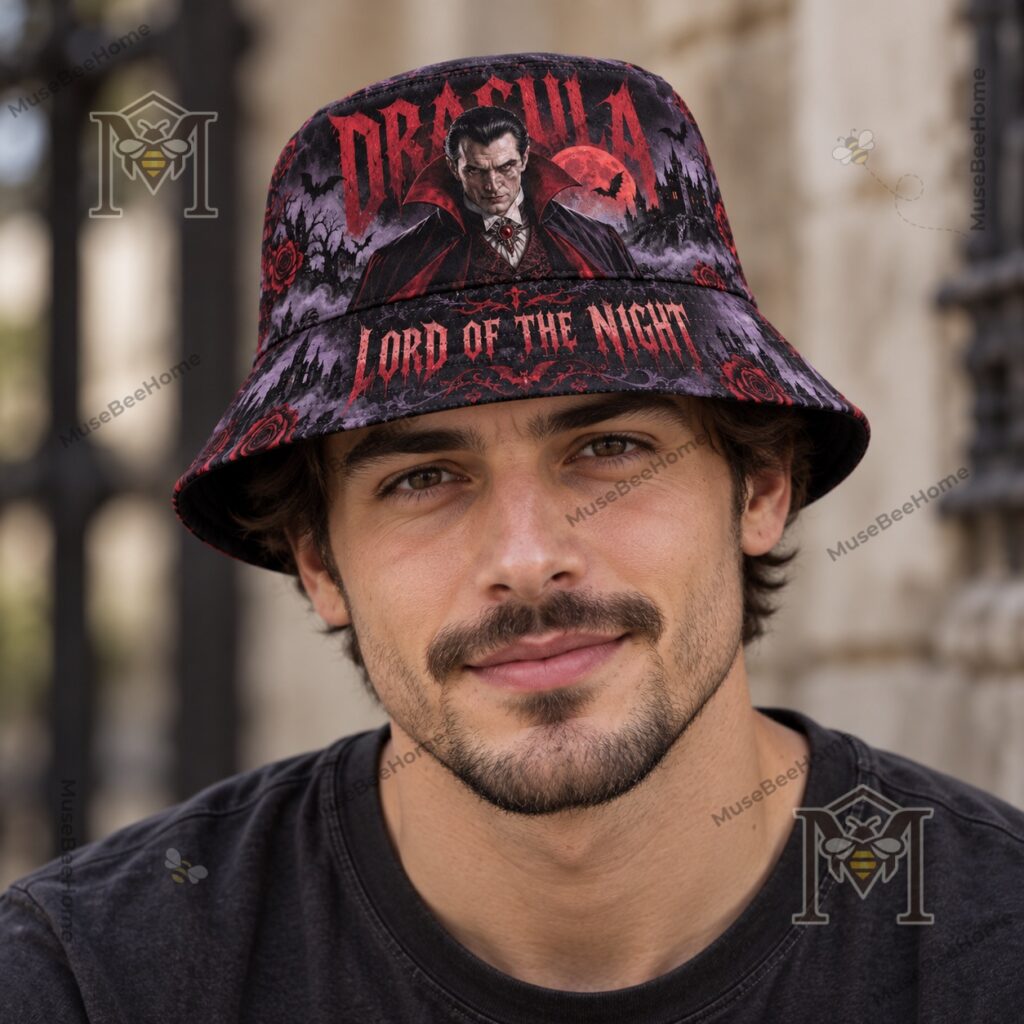 Dracula Lord of the Night Gothic Horror Bucket Hat - brim detail with Lord of the Night text