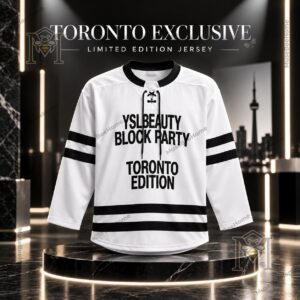 YSL Beauty Block Party Toronto White Hockey Jersey - front view on display pedestal