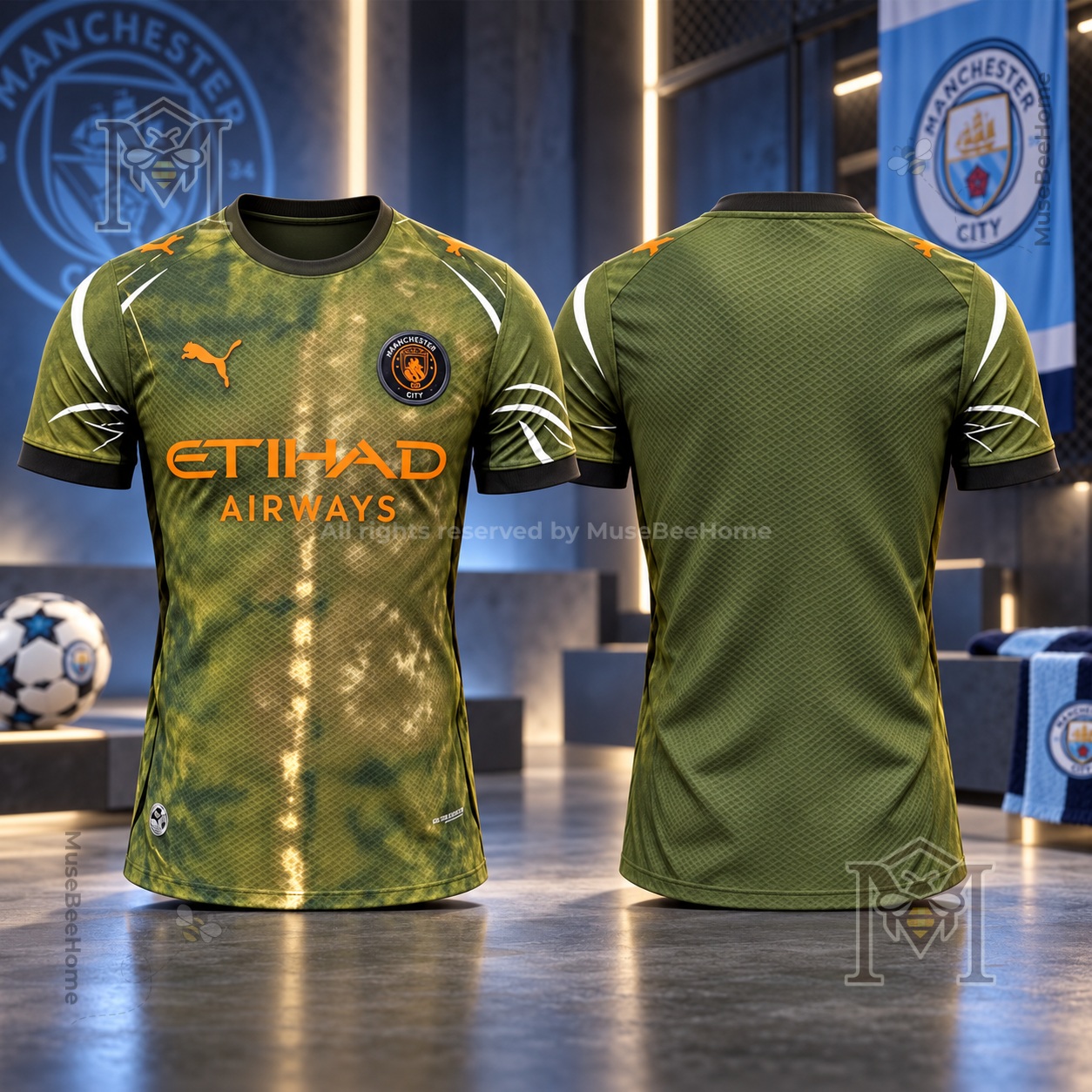 Manchester City green camouflage fourth kit jersey showing front and back views
