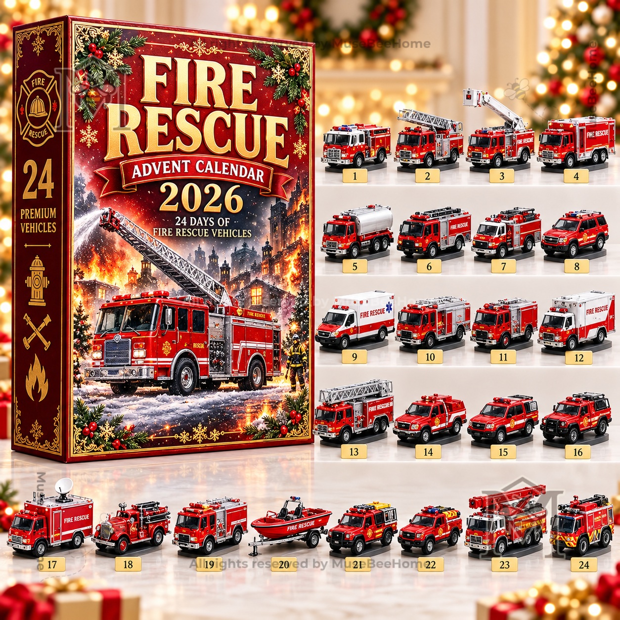 Fire Rescue Vehicles Advent Calendar 2026 - front artwork with fire truck illustration