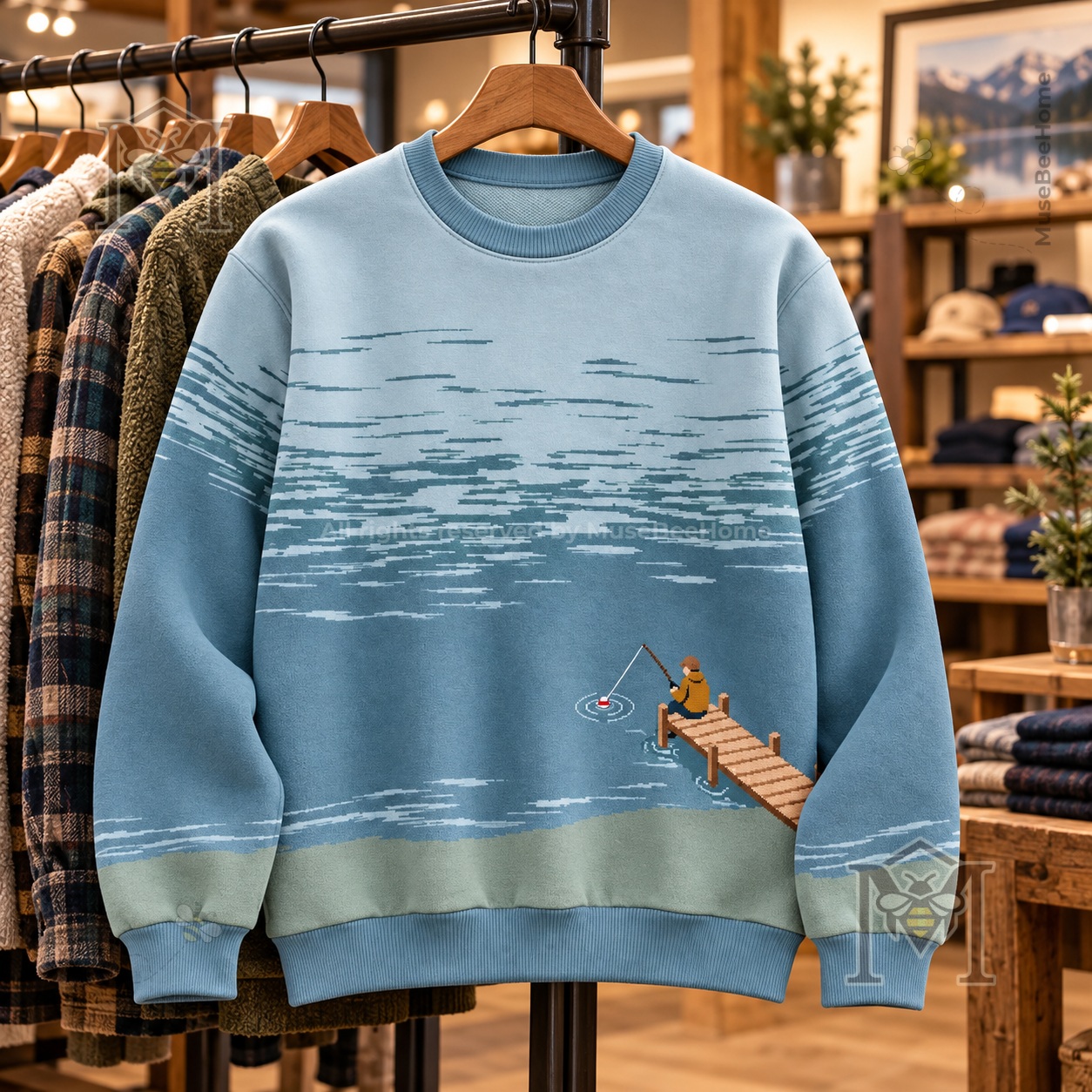 Fishing Vintage Pier Scene Sweatshirt - full front showing striped water pattern