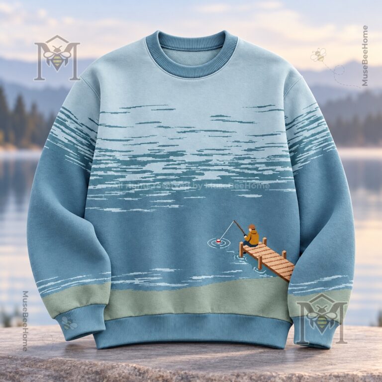 Fishing Vintage Pier Scene Sweatshirt - front view showing pixel-art angler and dock
