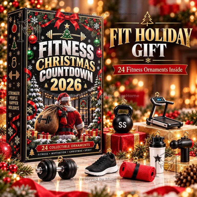 Fitness Advent Calendar Christmas Countdown 2026 - box and fitness-themed ornaments displayed together