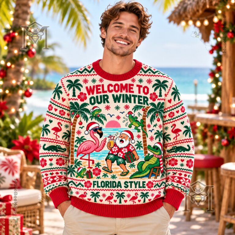 Flamingo Tropical Christmas Florida Grand Theft Auto VI Ugly Sweater - central tropical Santa design