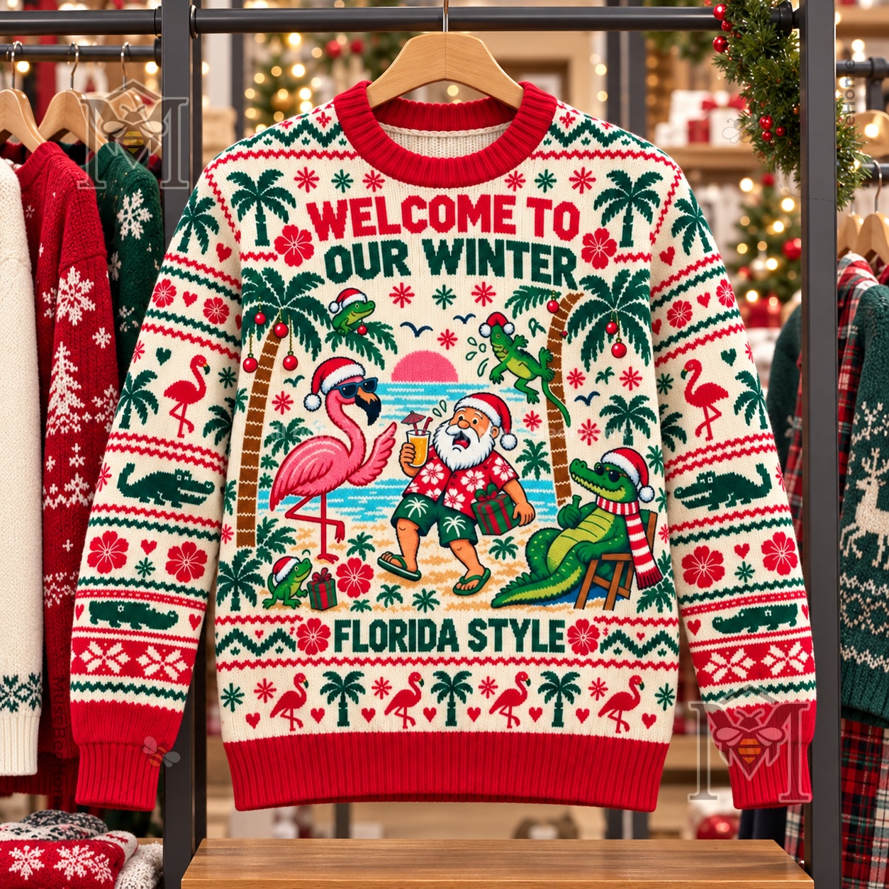 Florida GTA VI Flamingo Ugly Christmas Sweater - full patterned front