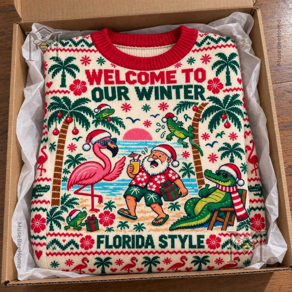 Flamingo Tropical Christmas Florida Grand Theft Auto VI Ugly Sweater - lower hem and sleeve details