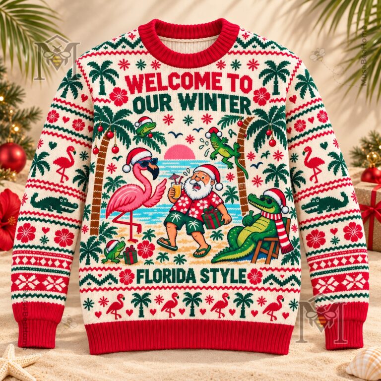 Flamingo Tropical Christmas Florida Grand Theft Auto VI Ugly Sweater - front view