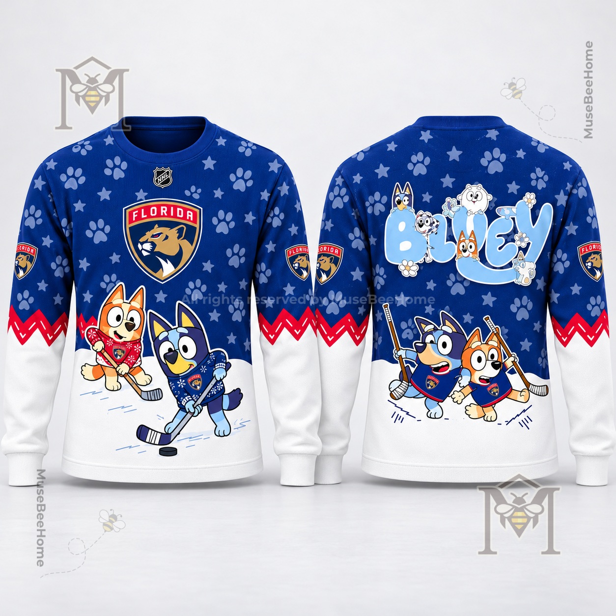 Florida Panthers Bluey Night Sweatshirt 2026 - front and back views with hockey character graphics