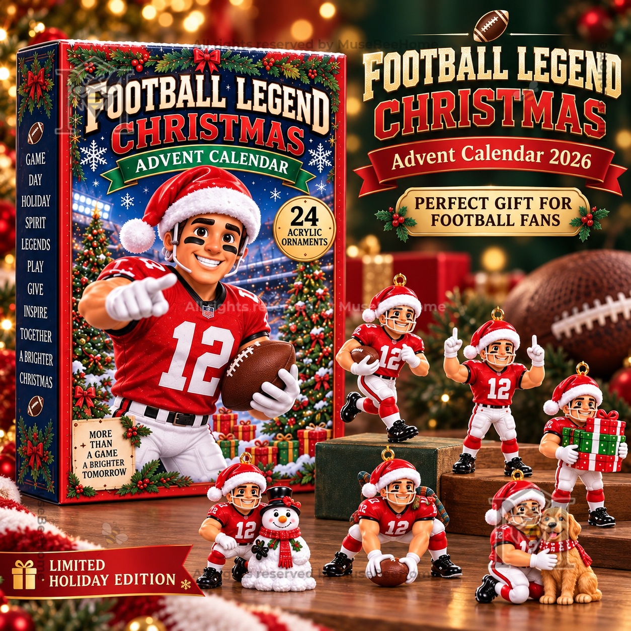Football Legend Christmas 2026 Advent Calendar - front box and acrylic ornament display