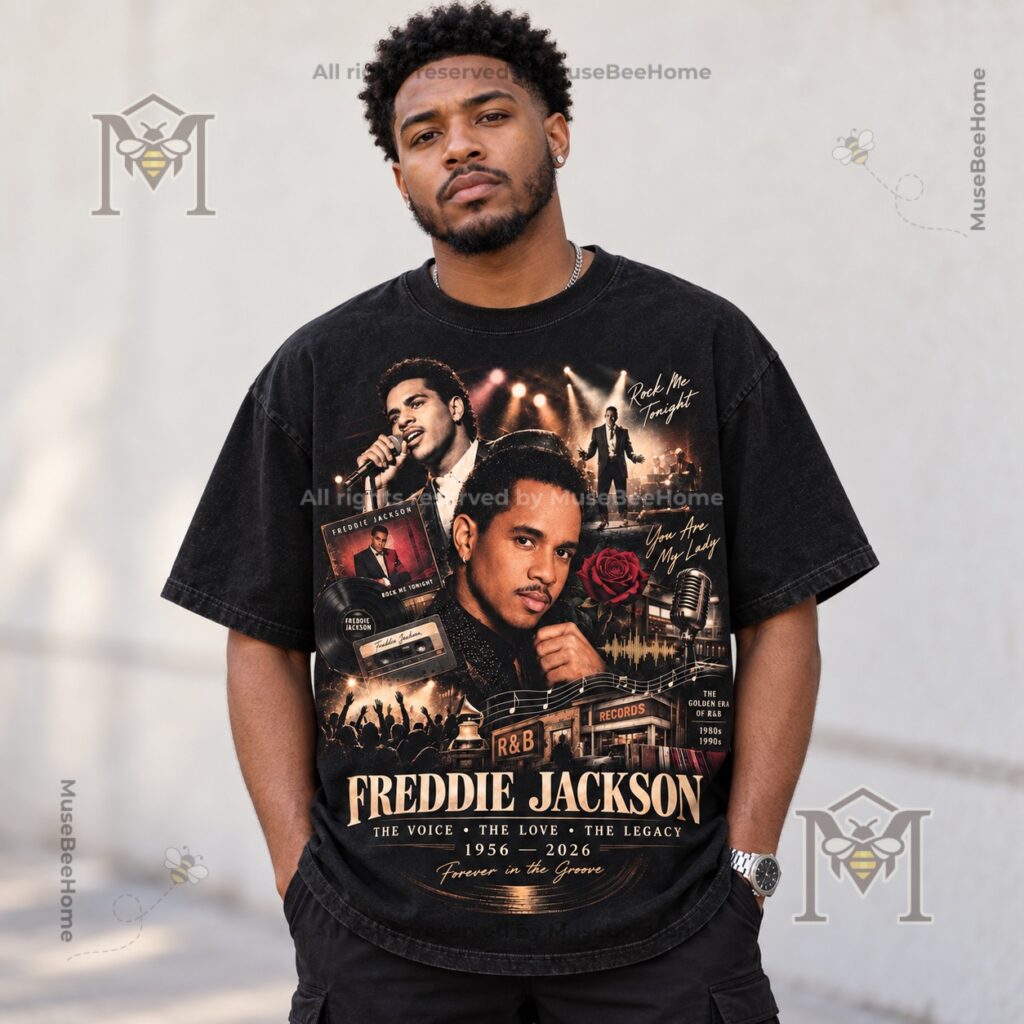 Freddie Jackson 1956-2026 memorial T-Shirt - lower lettering and record graphic