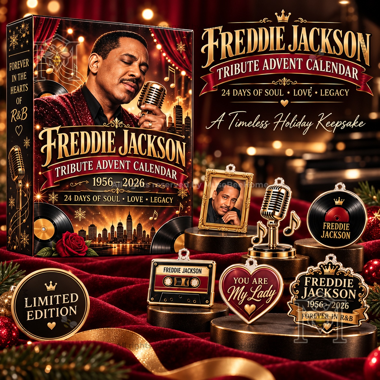 Freddie Jackson 1956-2026 Tribute Advent Calendar - front packaging with musical keepsake ornaments