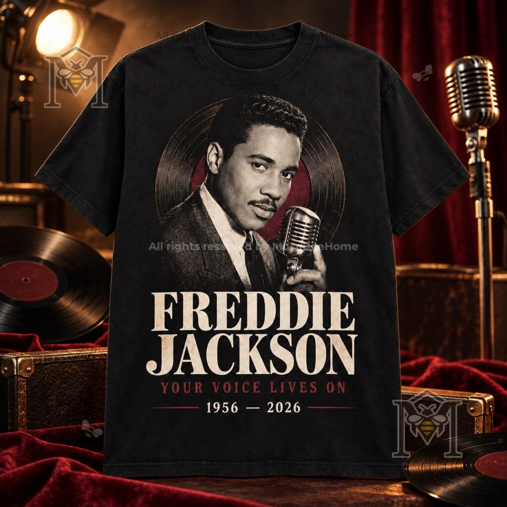 Freddie Jackson 2026 Tribute T-Shirt – Front view with portrait and Freddie Jackson 2026 Tribute T-Shirt - front view with portrait and tribute lettering