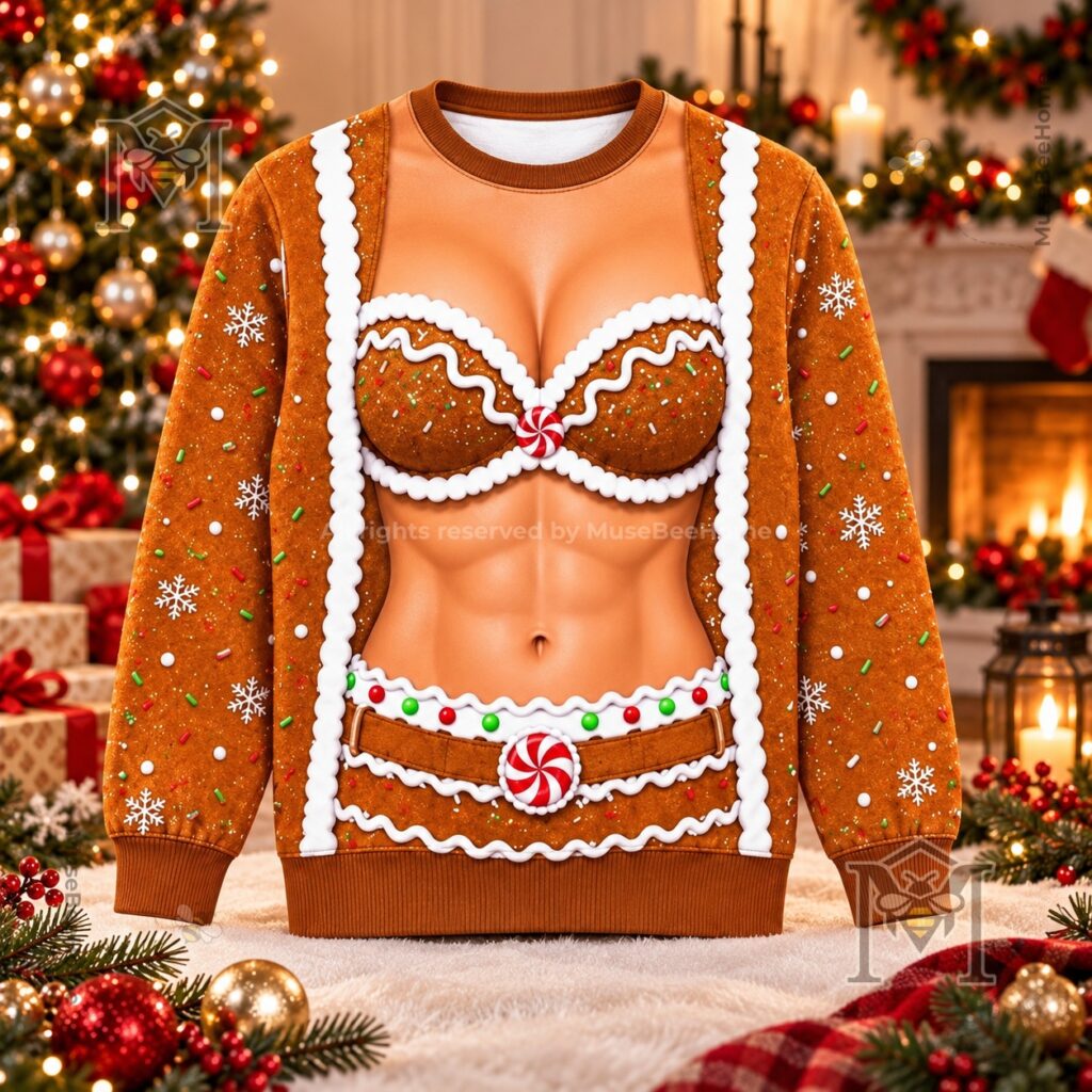 Gingerbread and Candy Cane Bikini Chest Ugly Christmas Sweatshirt - gingerbread design detail