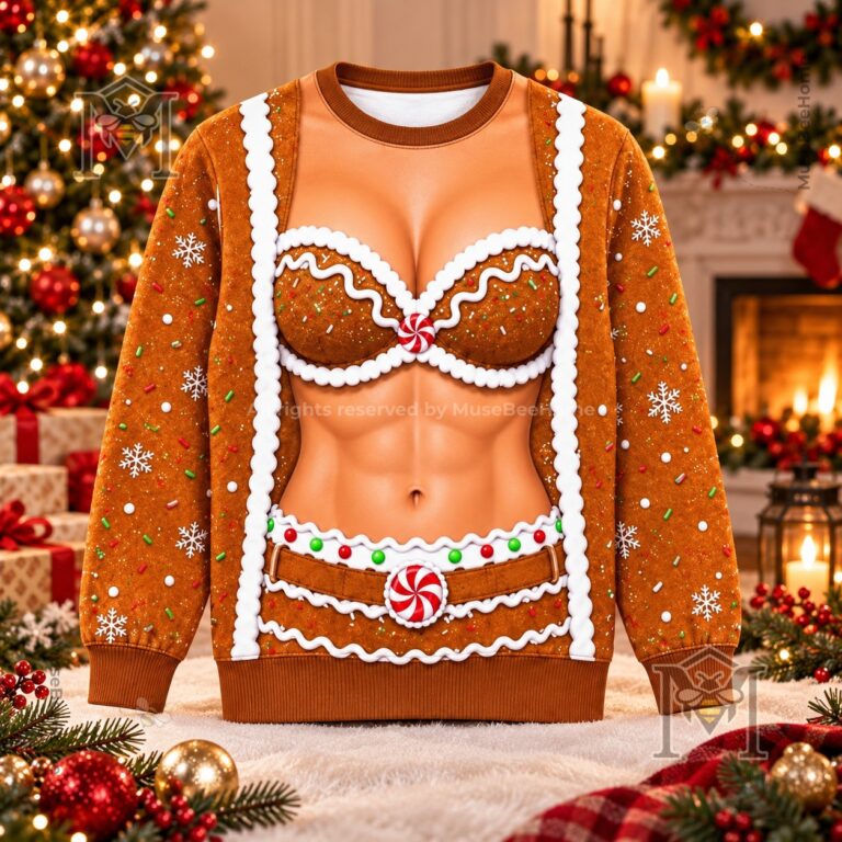 Gingerbread and Candy Cane Bikini Chest Ugly Christmas Sweatshirt - gingerbread design detail