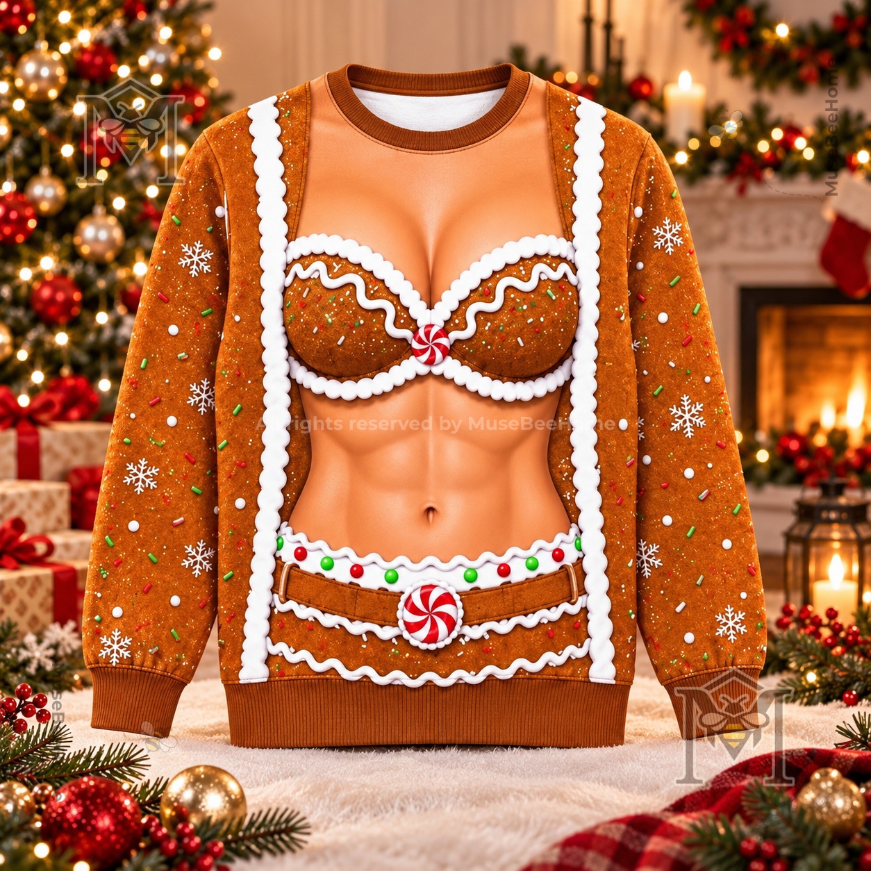 Funny Bikini Chest Ugly Christmas Sweatshirt - gingerbread design detail