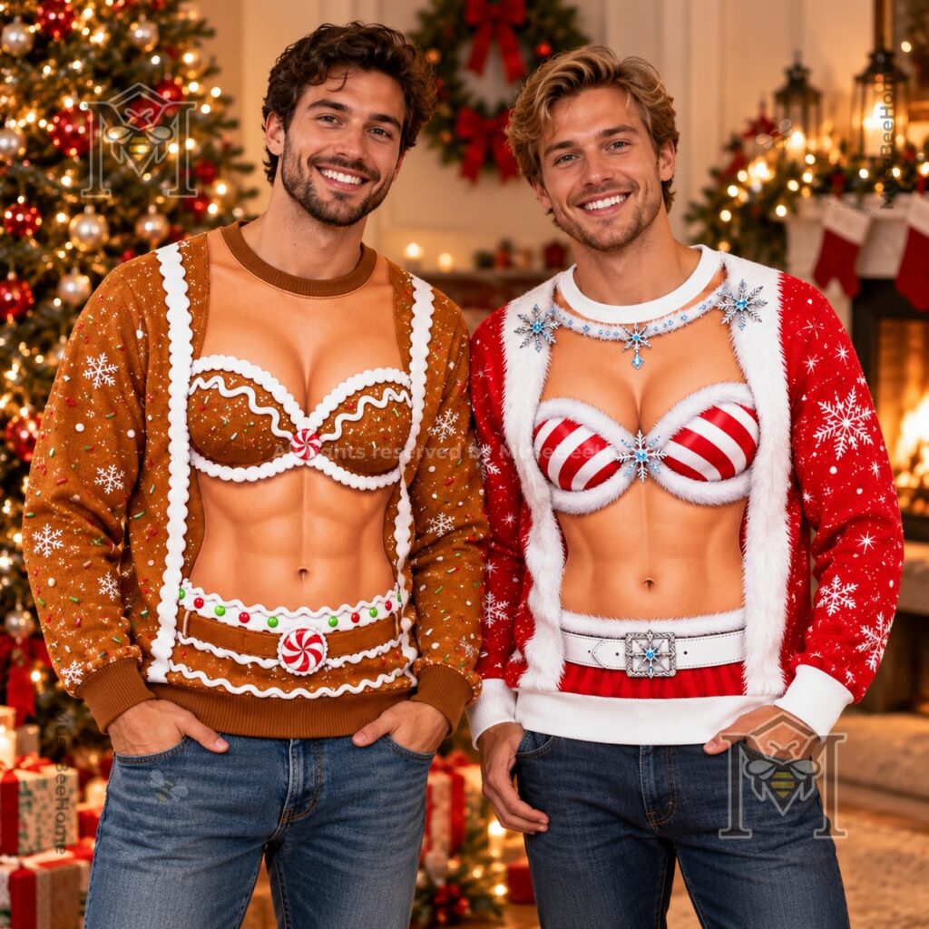 Gingerbread and Candy Cane Bikini Chest Ugly Christmas Sweatshirt - lower design details