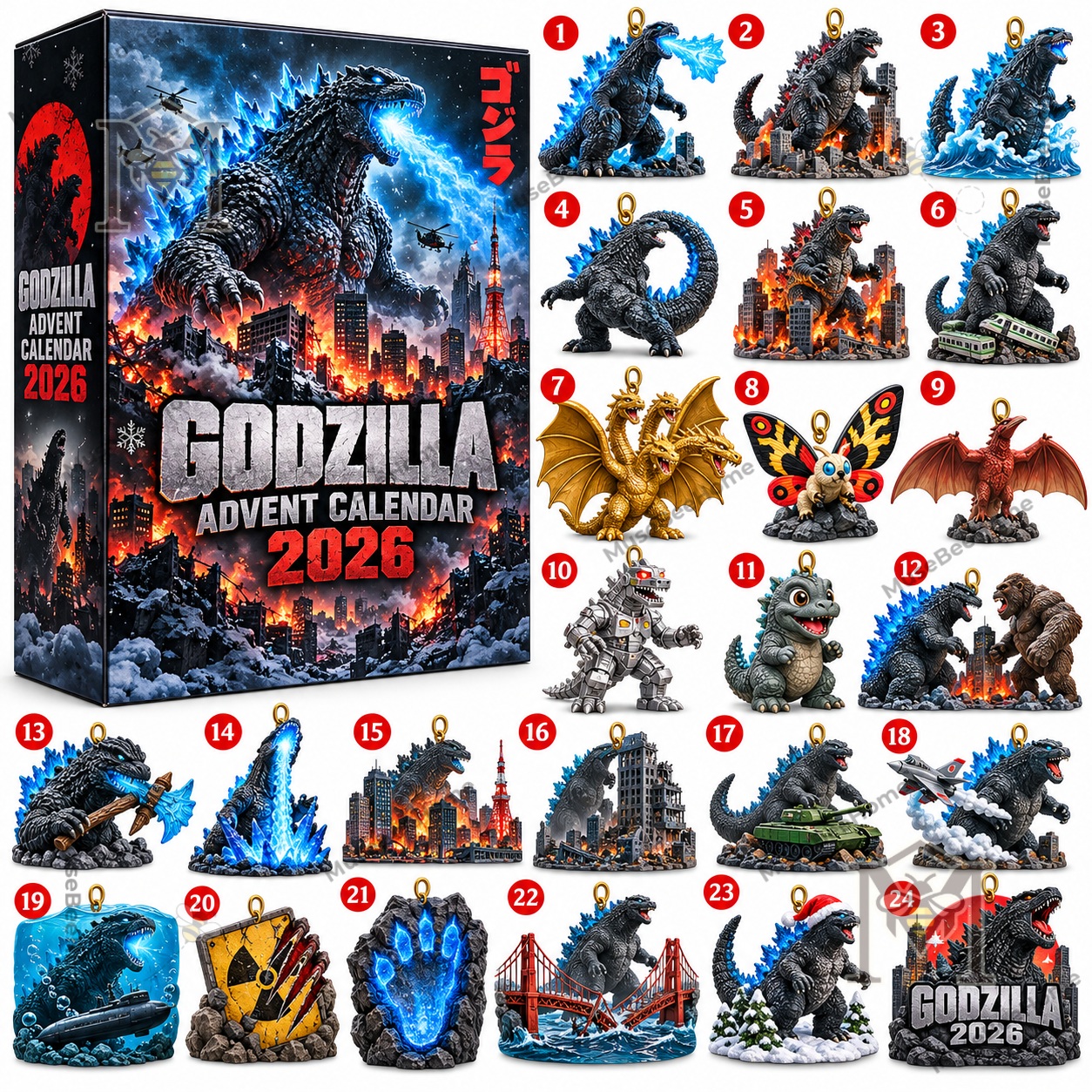 Godzilla Advent Calendar 2026 - numbered miniature Godzilla ornaments and monster designs