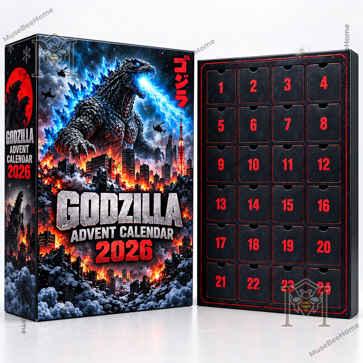 Godzilla Advent Calendar 2026 - close view of kaiju ornaments, vehicles, and city scenes