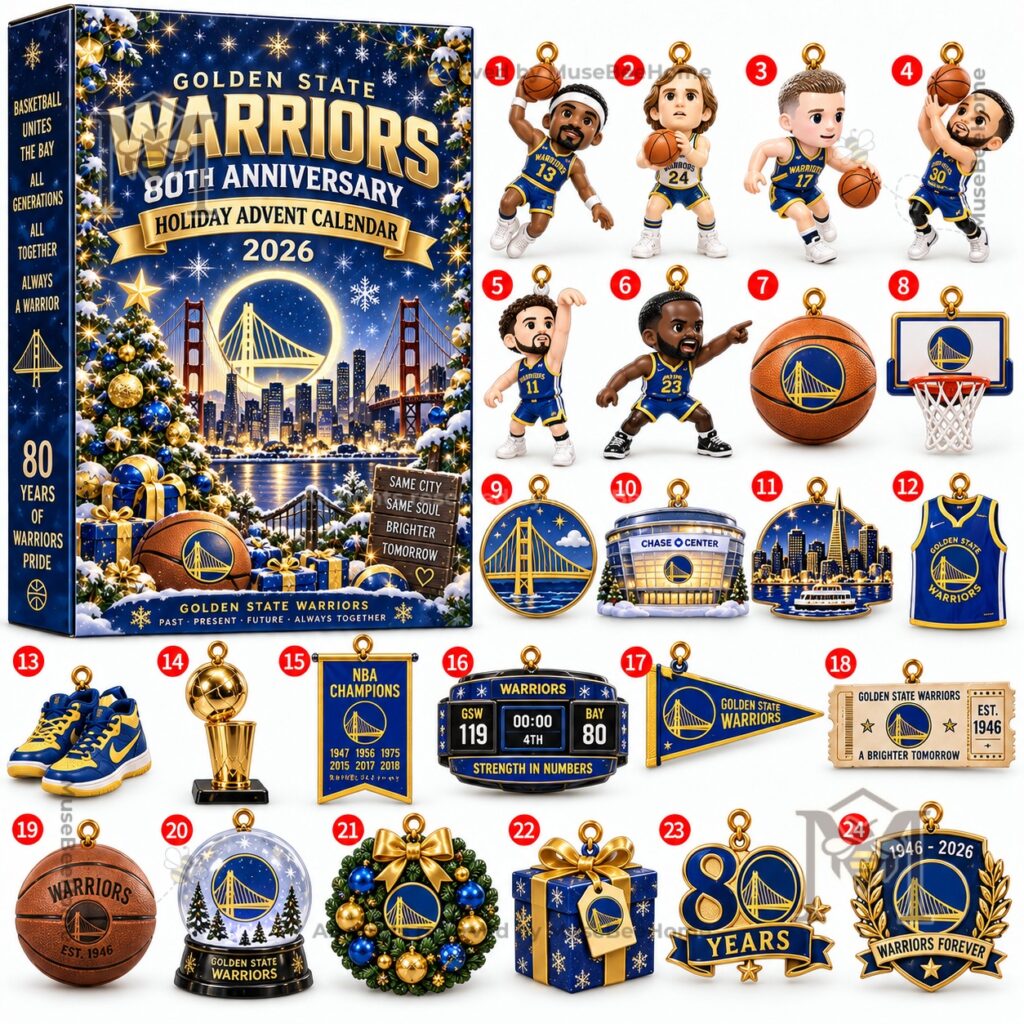 Golden State Warriors advent calendar box with basketball ornaments and holiday graphics