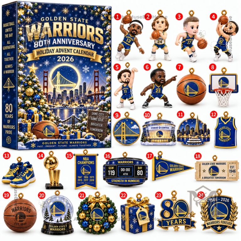 Golden State Warriors advent calendar box with basketball ornaments and holiday graphics