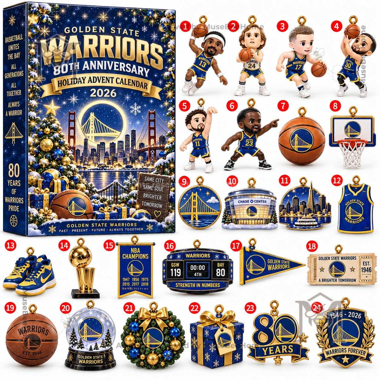 Golden State Warriors advent calendar box with basketball ornaments and holiday graphics