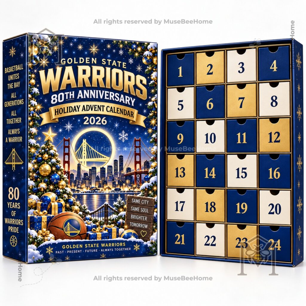 Golden State Warriors calendar display featuring Chase Center and jersey ornaments