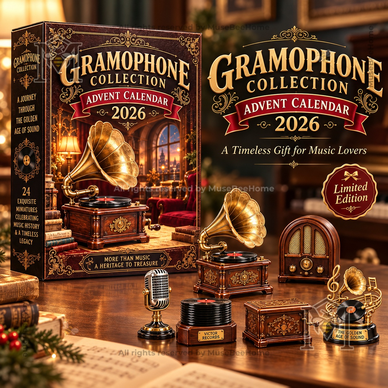 Gramophone 2026 Advent Calendar - front box with gramophone artwork and miniature music collectibles