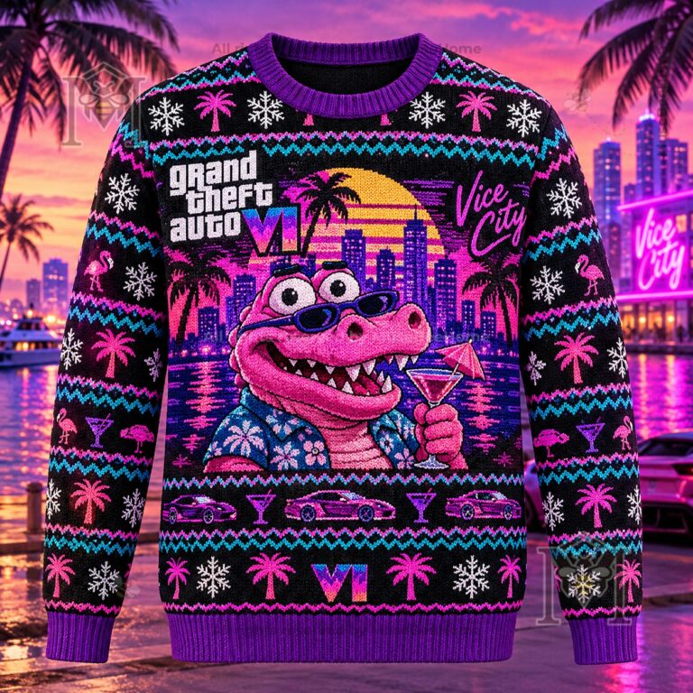 Grand Theft Auto VI Macca the Gator Ugly Sweater - front view with full graphic design