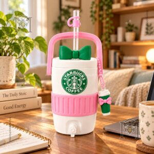 Starbucks Pink Bow Water Dispenser Tumbler - front view with straw and bow