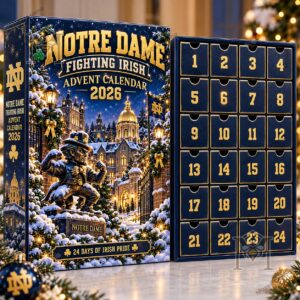 Notre Dame Fighting Irish 2026 Advent Calendar - calendar box beside team-themed ornaments