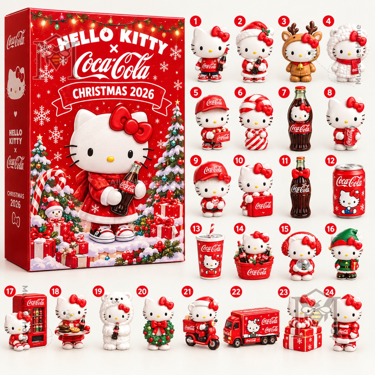 Hello Kitty advent calendar box showing red Christmas artwork and Coca-Cola branding