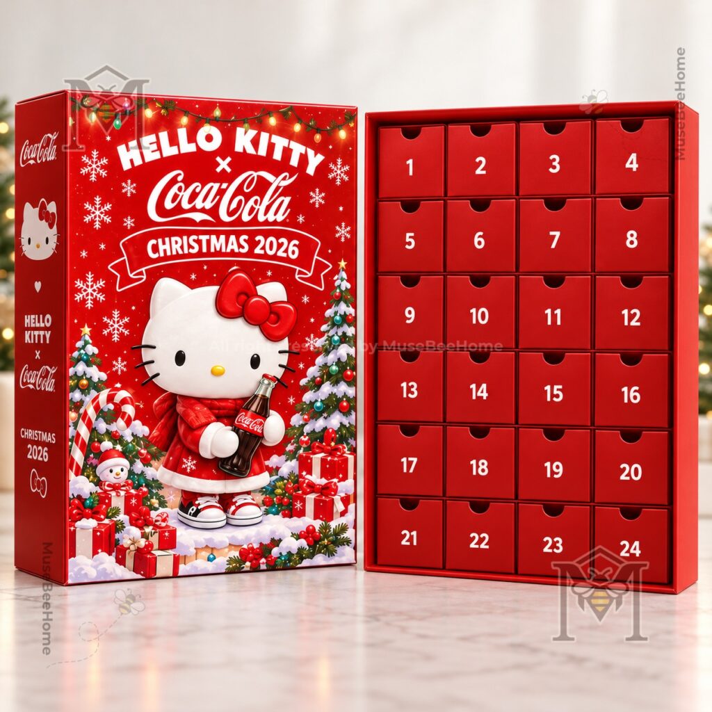 Hello Kitty Coca-Cola holiday figures, bottle, can, and gift box display