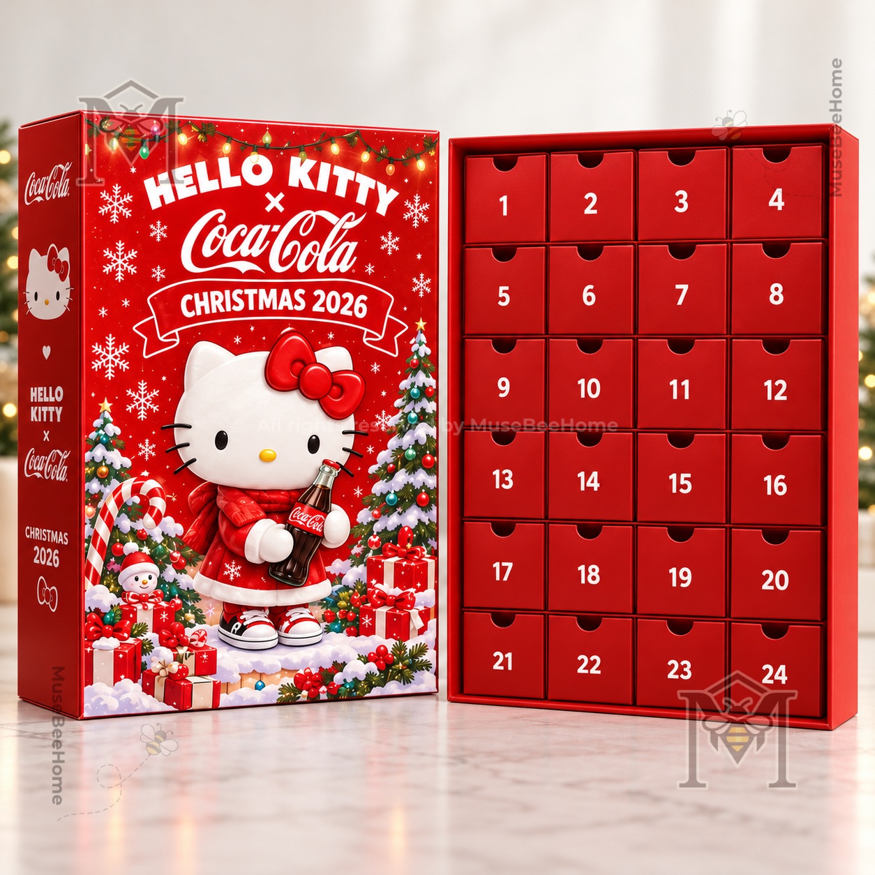 Hello Kitty Coca-Cola holiday figures, bottle, can, and gift box display