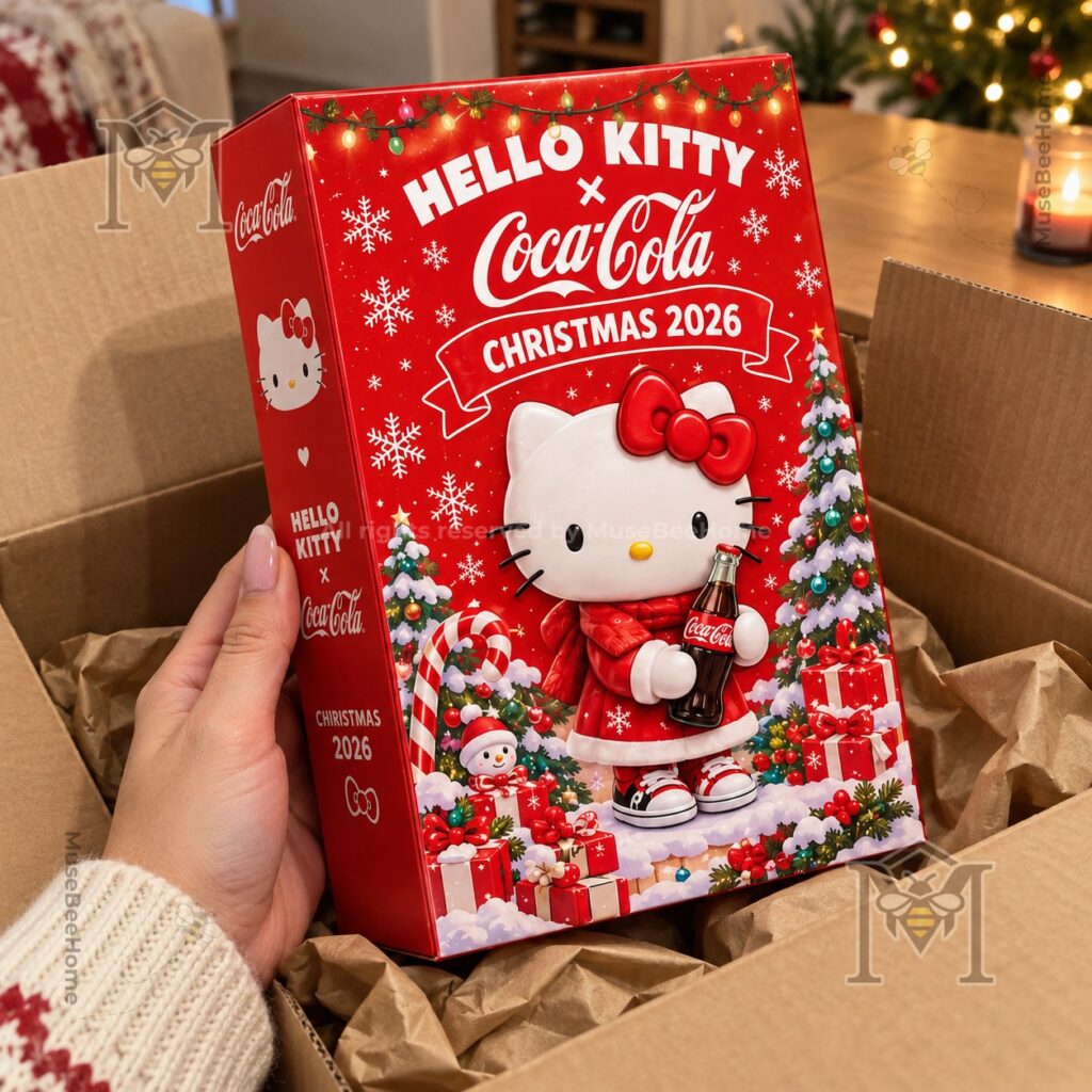 Close view of Hello Kitty Christmas figures with Coca-Cola bottle and can