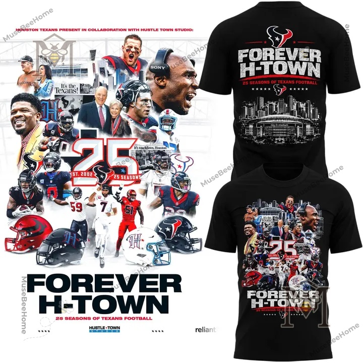 Houston Texans 25 Seasons of Texans Football T-Shirt - front and back views