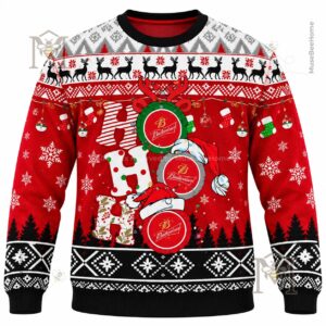 Budweiser Ho Ho Ho Snowy Funny Ugly Christmas Sweater - front view with festive Christmas pattern