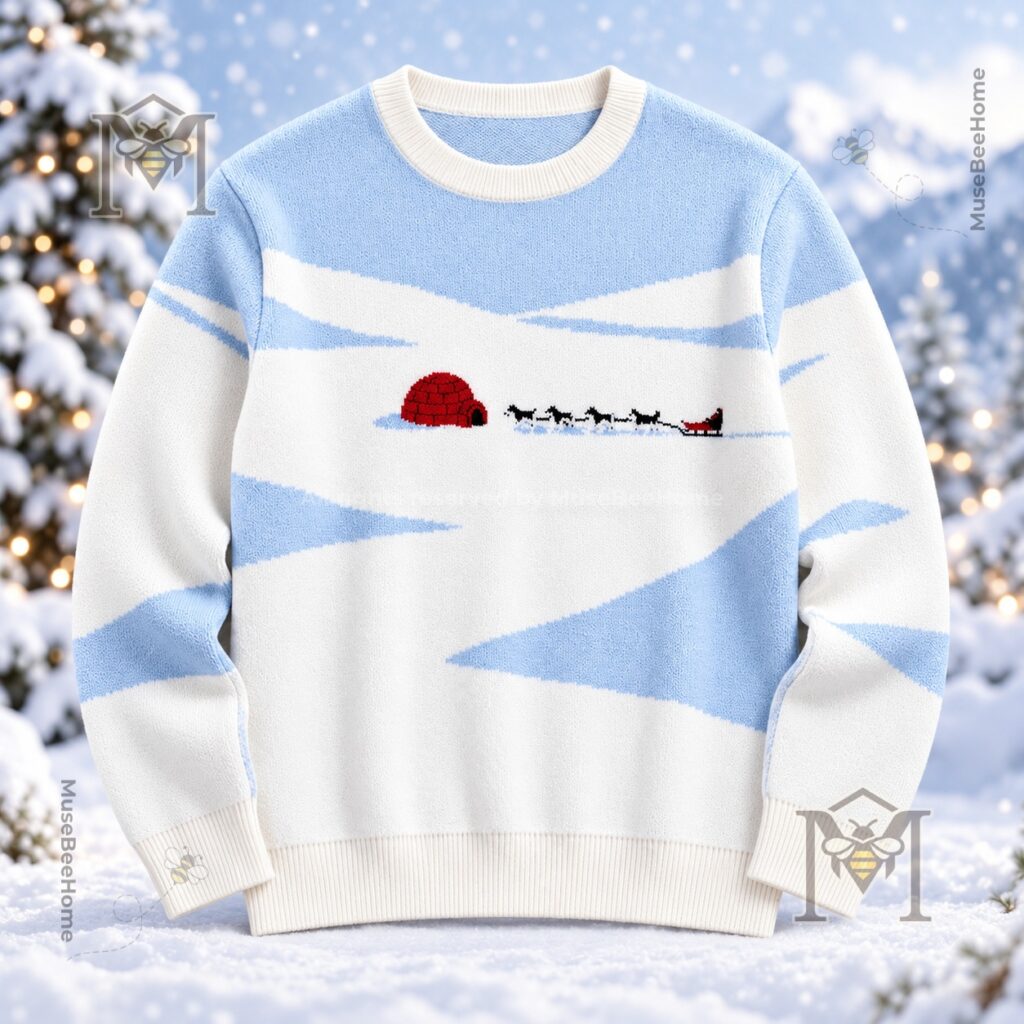 Igloo Winter Wonderland Snowy Landscape Sweater - front view with igloo and sled scene