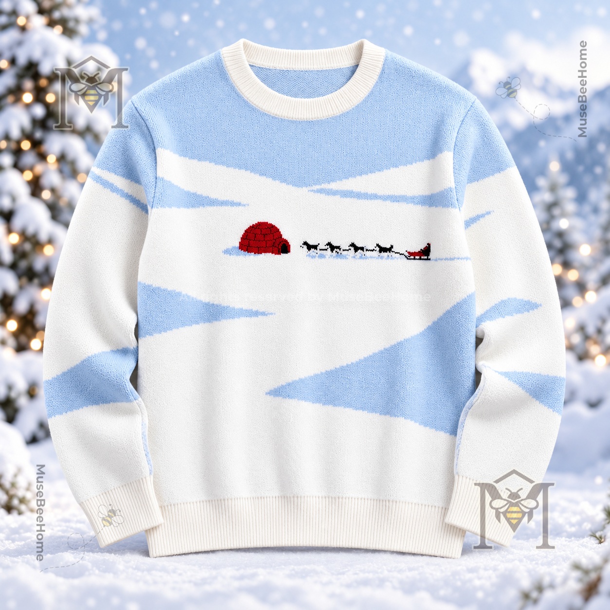 Igloo Winter Wonderland Snowy Landscape Sweater - front view with igloo and sled scene