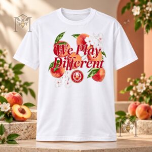Atlanta United FC We Play Different Georgia Peach T-Shirt - front view with peach floral graphic