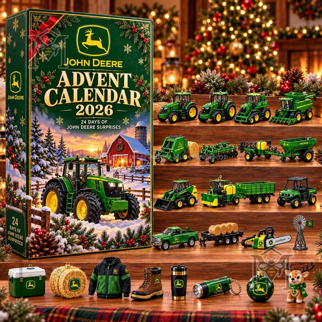 John Deere advent calendar with tractor scene and holiday decorations
