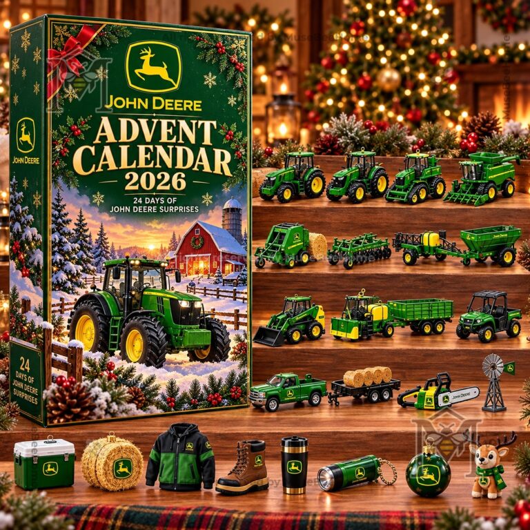John Deere advent calendar with tractor scene and holiday decorations