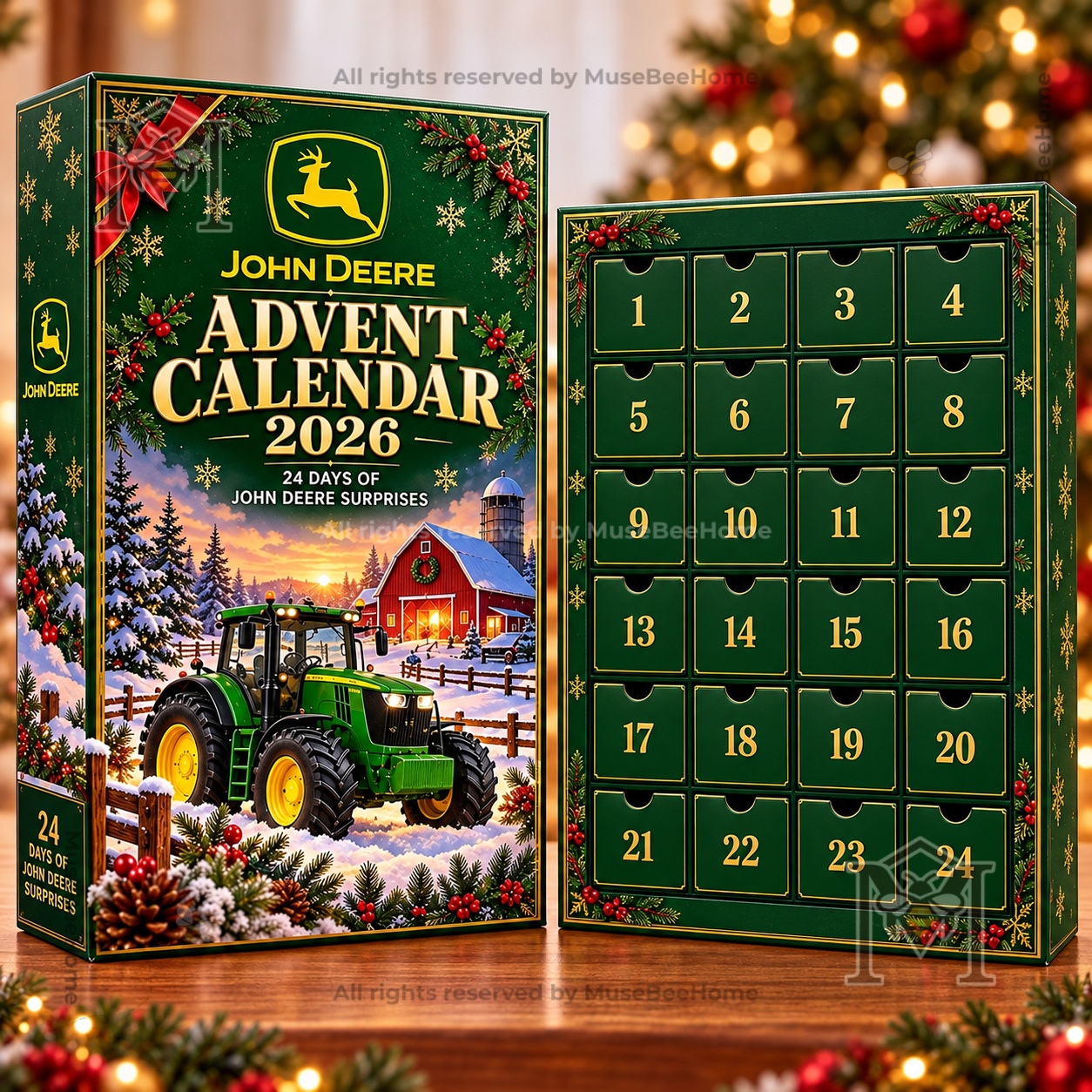 John Deere advent calendar display featuring branded farm-themed accessories