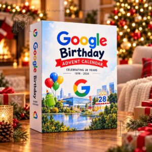 Google 28th Birthday 2026 Advent Calendar - front and side view of boxed calendar