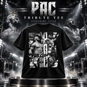 PAC Benjamin Satterley 2026 Tribute T-Shirt - front view with distressed wrestler collage