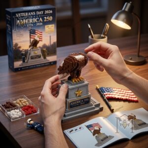 Veterans Day 2026 USA 250th Anniversary Building Block Set - pedestal plaque and flag detail