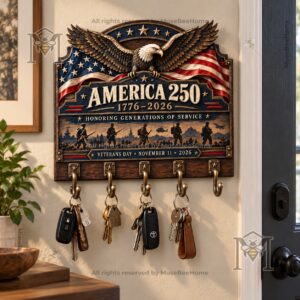 Wall-mounted key rack showing Veterans Day 2026 service silhouettes and lettering