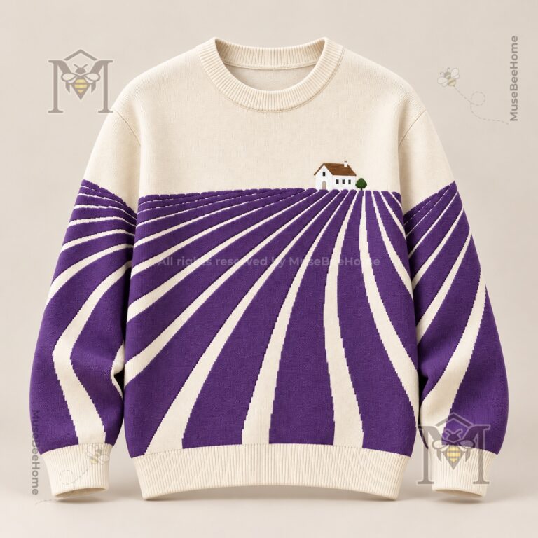 Lavender Field Cottage Pullover Sweatshirt - front view with cottage and radiating purple field design