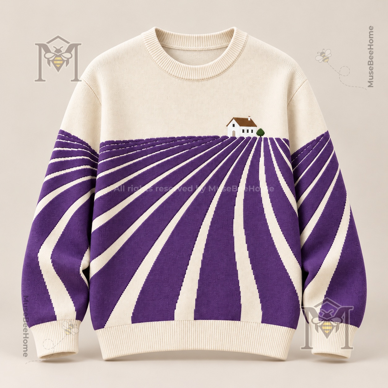 Lavender Field Cottage Pullover Sweatshirt - front view with cottage and radiating purple field design