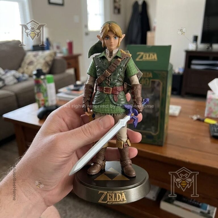 Front view of Link figure with sword and round display base